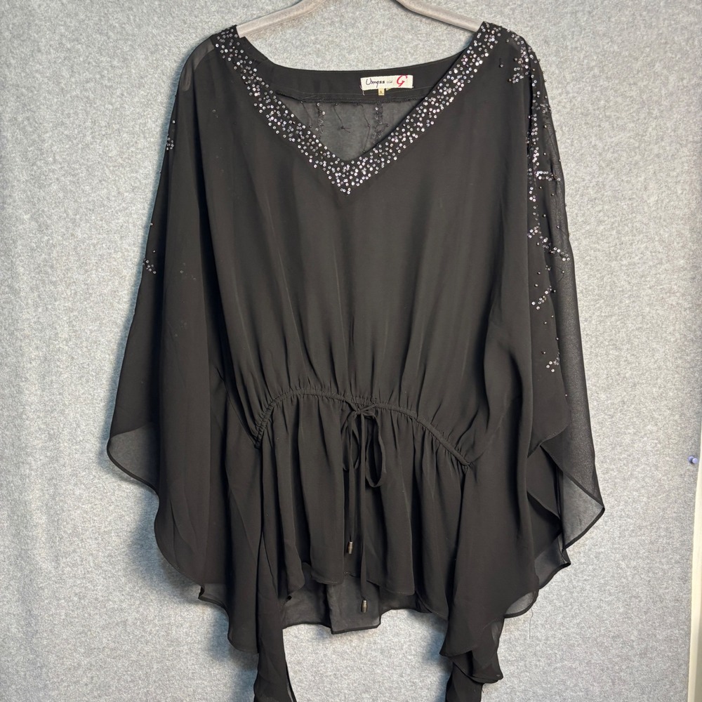 Vintage Umgee USA Black Sequin Sheer Poncho Blouse Small Boho Evening Y2K Top - Picture 2 of 11